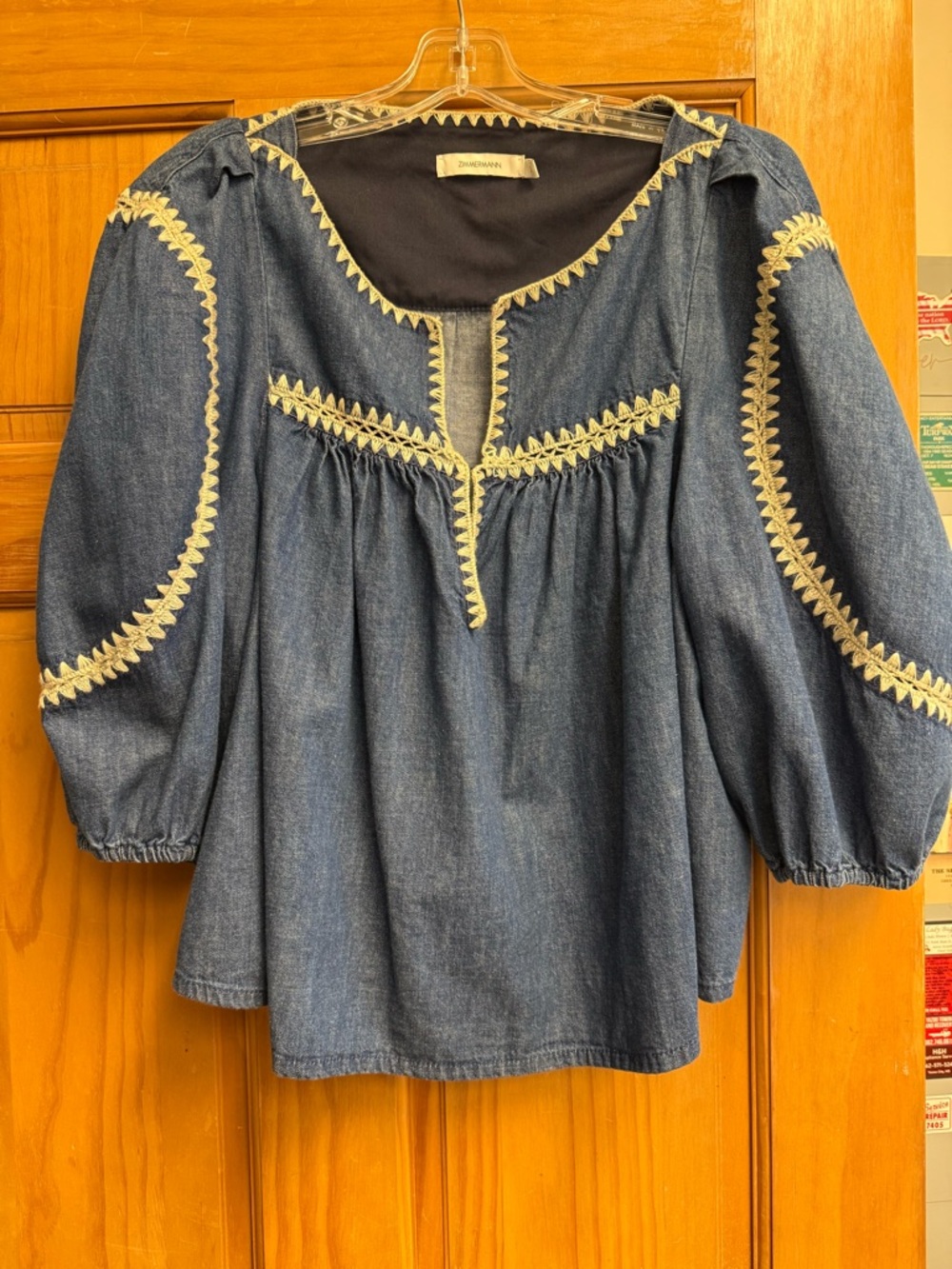 Zimmermann Indigo Blue Puff Sleeve Embroidered Peasant Top